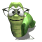 a 3d model of a green worm wearing large glasses. it blinks every so often