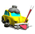 a 3d model of a yellow car with a thermometer in its mouth and an ice pack on its head. it seems to be panting, sticking its tongue out of its mouth