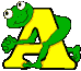 a gif of a frog sitting in a yellow letter 'a.' it looks back and forth between the viewer and something in the top left corner of the screen