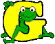 a gif of a frog sitting in a yellow letter 'g.' it looks at the camera with a wonky smile on its face