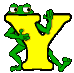 a gif of a frog sitting in a yellow letter 'y.' it waves its arms around as if karate chopping something