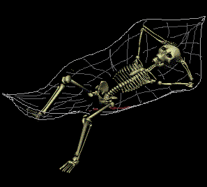 a skeleton in a spiderweb hammock with one leg hanging off the side, swinging slightly