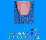 a picture of a french tip nail on a blue background. there's a selection of flowers and stars at the bottom. sometimes, one will be dragged to the nail