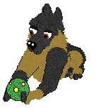 a gif of a german shepherd frm the game petz 5, licking a yellow and green rubber ball