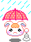 a gif of a white bunny with a frown on its face floating under a pink umbrella. rain falls in the background