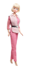 A picture of a Barbie with a blonde bob cut and a pink suit, facing right.