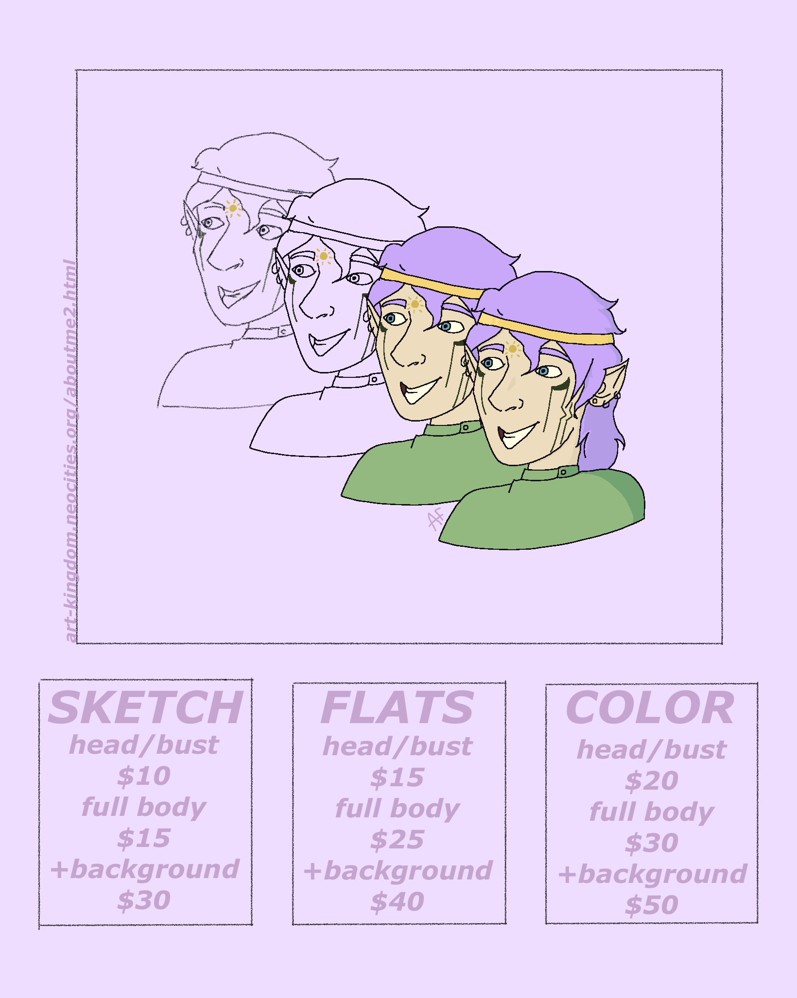 A box with three skinnier rectangles below it, giving an example of a drawing in sketch, lineart, colored, and shaded forms. The prices for a sketch are 10 USD for a bust, 15 USD for a full body, plus and 30 USD for something with a background. The prices for a drawing with flat colors are 15 USD for a bust, 25 USD for a full body, and 40 USD for something with a background. The prices for a shaded drawing are 20 USD for a bust, 30 USD for a full body, and 50 USD for something with a background.