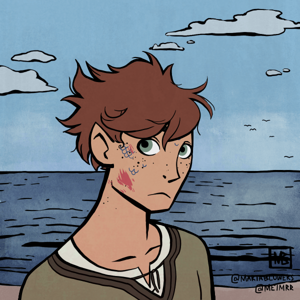 A picrew of a tan character facing slightly right. He has messy short brown hair, green eyes, and pointed ears. He has a red scar on his face, as well as small blue-ish scales. He's wearing a white undershirt with a green, v-necked overshirt. The background shows a beach.