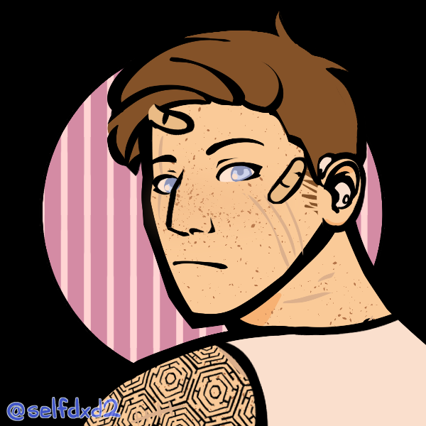 A picrew of a tan character looking over his left shoulder. He has gray eyes and short brown hair, and a large geometric tattoo on his left shoulder. He's covered in scars and Band-Aids, and has a gray hearing aid. The background is black with a circle in the middle that is dark pink with light pink stripes.