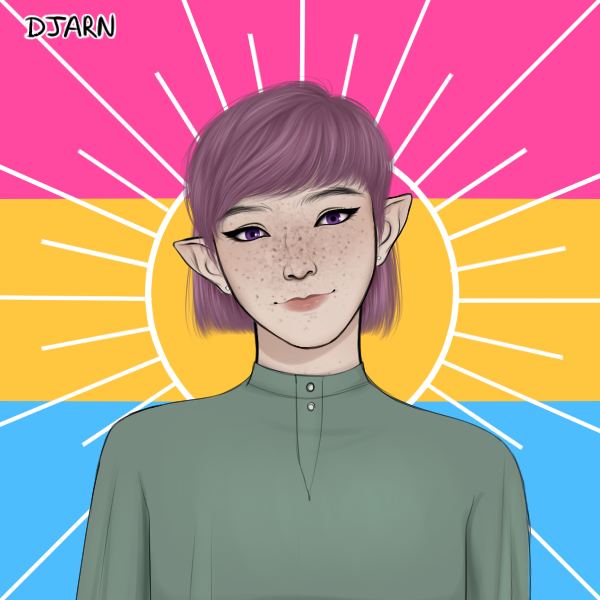 A picrew of a white character with pointed ears facing directly towards with camera. He has purple hair that hangs a little bit past his chin, and purple eyes. He wears a loose green shirt with a Mandarin collar. The background is a pansexual flag with a white circle that radiates lines of different lengths.