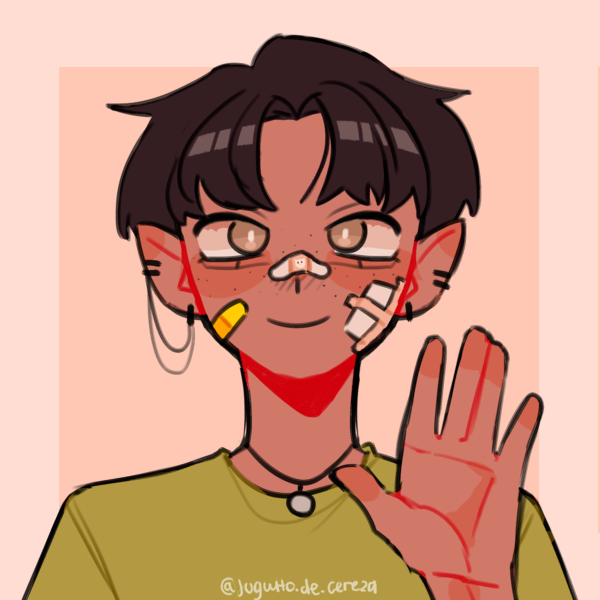 A picrew of a Brown character facing directly towards the camera, with his left hand raised in greeting. He has gray eyes and short, messy black hair. He has pointed ears, and wears multiple black hoop earrings, as well as a necklace with a circular silver pendant. He has multiple Band-Aids on his face, and is wearing a green T-shirt. The background is a light pink with a smaller dark pink square in the center.