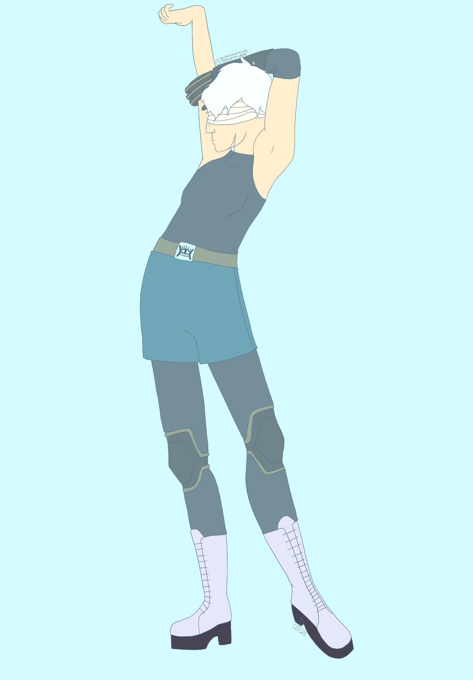 A drawing of a white character stretching as he faces to the left, with his right leg stuck out in front of him. He has short, wavy white hair, and is wearing bandages over his eyes. He wears a blue-gray turtleneck with no sleeves. Under his blue shorts are tights the same color as the turtleneck, and kneepads. He wears knee-high light blue boots, and a belt with an eye decal. His left arm is a prosthetic.
