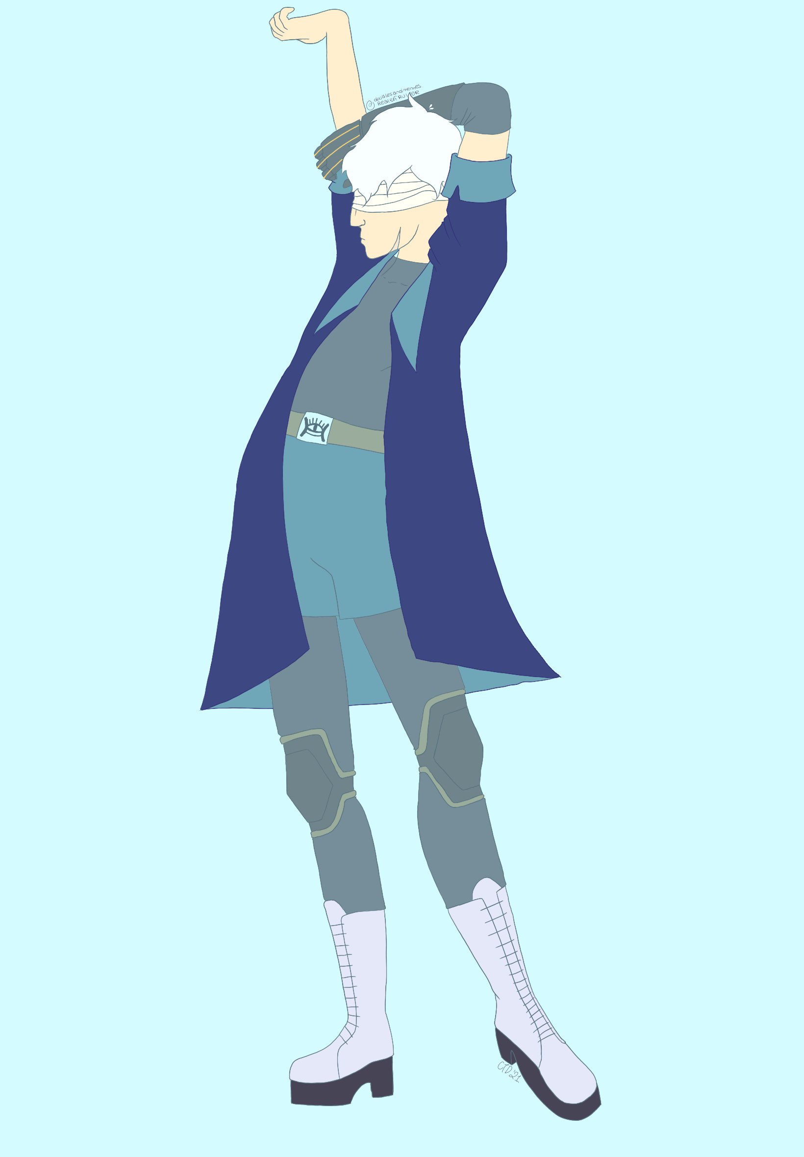 A drawing of a white character stretching as he faces to the left, with his right leg stuck out in front of him. He has short, wavy white hair, and is wearing bandages over his eyes. He wears a blue-gray turtleneck with no sleeves, and a blue coat with the sleeves rolled up. Under his blue shorts are tights the same color as the turtleneck, and kneepads. He wears knee-high light blue boots, and a belt with an eye decal. His left arm is a prosthetic.