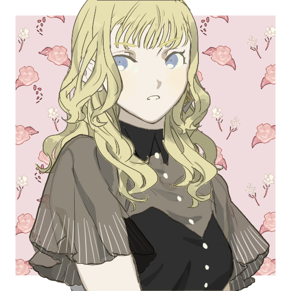 A picrew of a white character facing slightly right. She has long, wavy blonde hair and light blue eyes. She is wearing a black top with sheer black sleeves. The blackground is light pink with small pink flowers.
