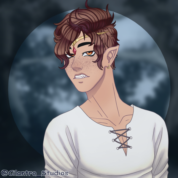 A picrew of a white character facing slightly right, with his head facing slightly left. he has messy short brown hair, and wears a gold circlet with a red jewel. He has orange-brown eyes and pointed ears, and wears a white shirt. The background is a marble blue and white, with a black circle outlining the character in the center.