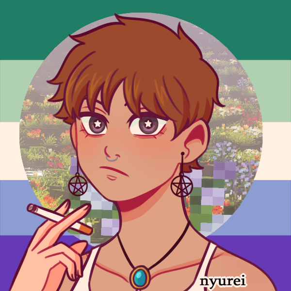 A picrew of a tan character facing slightly to the left. He has gray eyes, brown hair, and a nose ring. He's wearing a white tanktop, a necklace with a blue stone, and pentagram earrings. THe background is the blue and green MLM flag, with a circle in the middle showing a screenshot of a field of flowers from Minecraft.