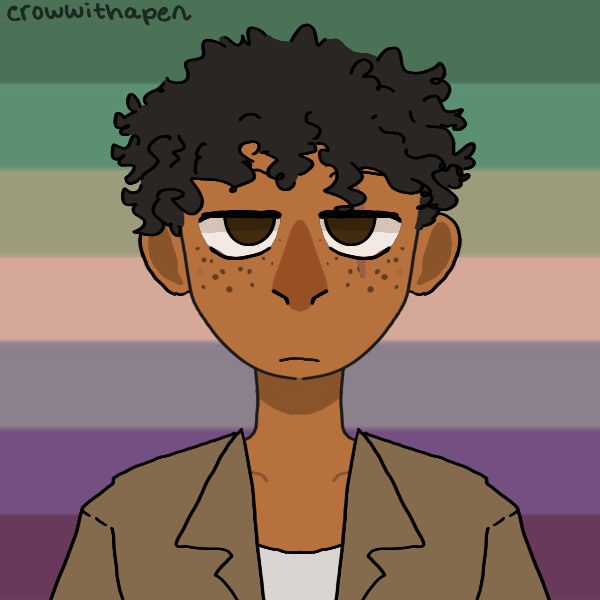 A picrew of a Brown character facing directly at the camera. He has short curly black hair, and dark brown eyes. He has freckles, and is wearing an army green jacket over a white tanktop. The background is a desaturated version of the blue and green MLM flag.